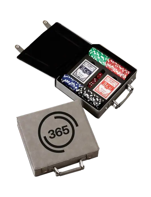 Grey Leatherette 100 Chip Poker Set w/365 Icon Logo
