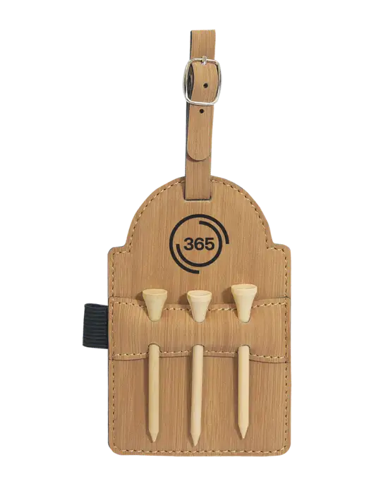 Bamboo Leatherette Golf Bag Tag with 3 Wooden Tees w/365 Icon Logo