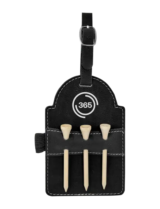 Black Leatherette Golf Bag Tag with 3 Wooden Tees w/365 Icon Logo
