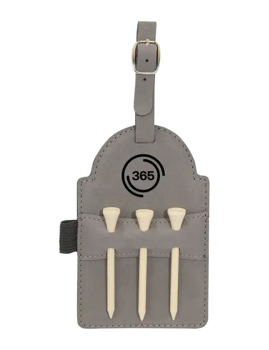 Grey Leatherette Golf Bag Tag with 3 Wooden Tees w/365 Icon Logo