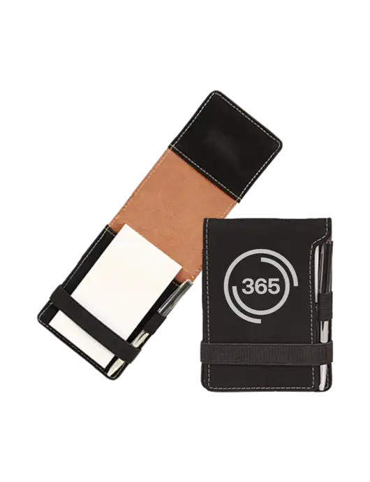 Black Leatherette Mini Notepad with Pen,  3.25 x 4.75 w/365 Icon Logo