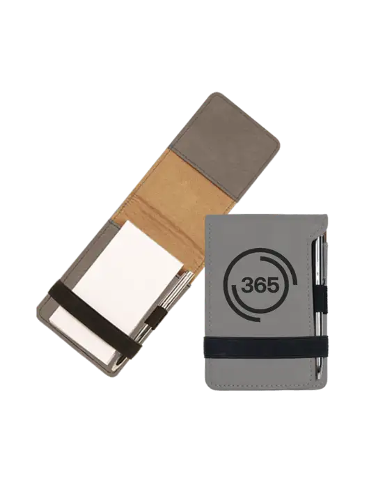 Grey Leatherette Mini Notepad with Pen,  3.25 x 4.75 w/365 Icon Logo