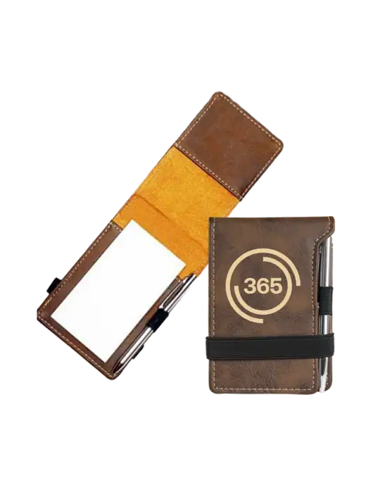 Rustic Leatherette Mini Notepad w/Pen, 3.25 x 4.75 w/365 Icon Logo