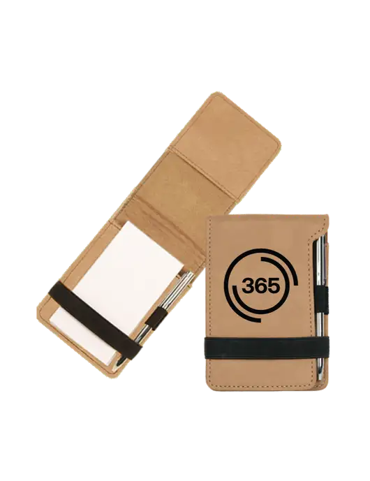 Tan Leatherette Mini Notepad with Pen,  3.25 x 4.75 w/365 Icon Logo