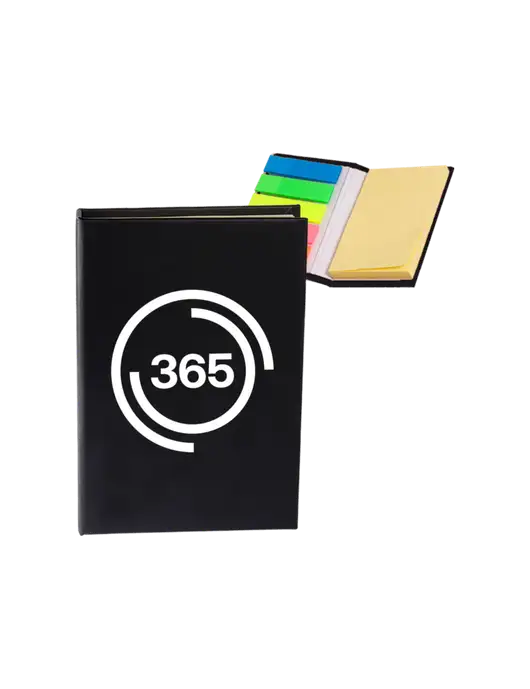 Black Micro Sticky Note Pad, 2 x 3.25 w/365 Icon Logo