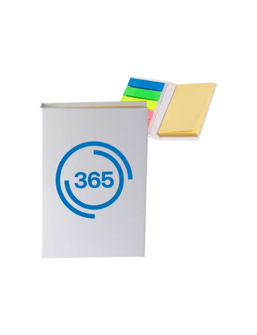 White Micro Sticky Note Pad, 2 x 3.25 w/365 Icon Logo
