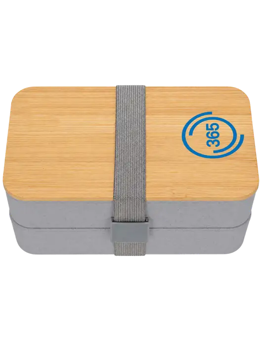 Double Decker Light Medium Grey Lunch Box w/Eco-Friendly FSC Bamboo Lid & Reusable Utensils w/365 Icon Logo