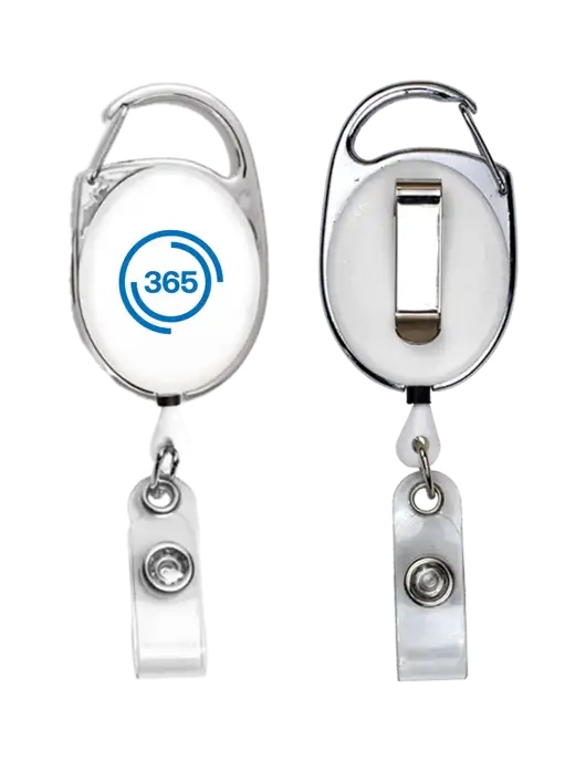 White Carabiner Style Badge Reel and Badge Holder w/365 Icon Logo