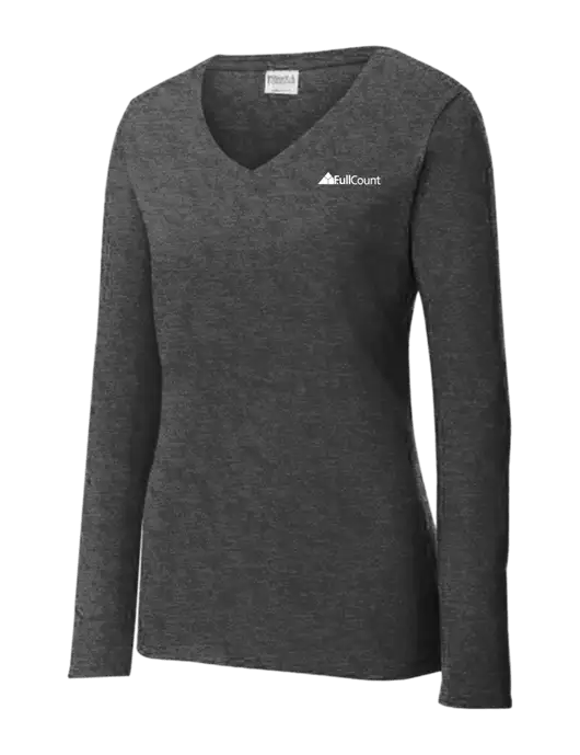 Womens  V-Neck Ring Spun Dark Heather Grey 4.5 oz Long Sleeve T-Shirt w/FullCount Logo