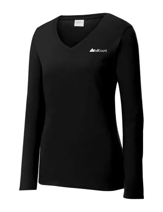 Womens V-Neck Ring Spun Jet Black 4.5 oz Long Sleeve T-Shirt w/FullCount Logo