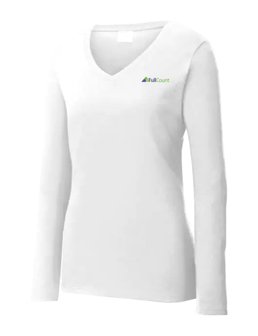 Womens  V-Neck Ring Spun White 4.5 oz Long Sleeve T-Shirt w/FullCount Logo