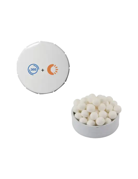 Signature Peppermints In White Snap Top Tin  w/365 Cantaloupe Logo