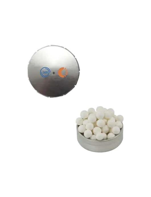 Signature Peppermints In Silver Snap Top Tin  w/365 Cantaloupe Logo