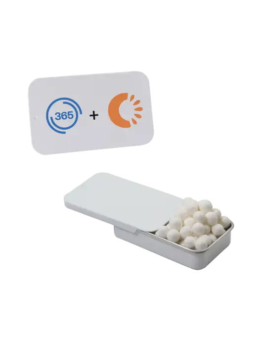 Signature Peppermints In White Slider Tin w/365 Cantaloupe Logo