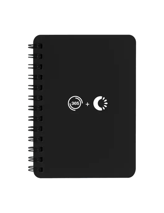 Sturdy Black Hardcover Notebook, 5.25 x 7 w/365 Cantaloupe Logo