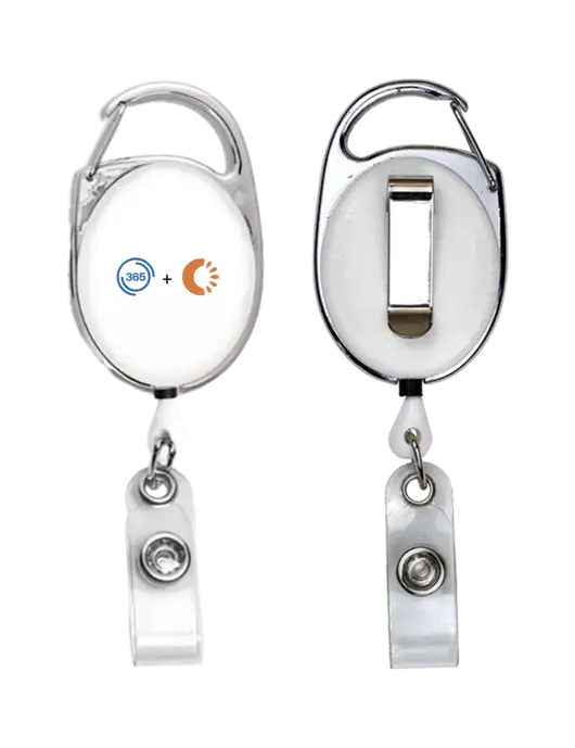 White Carabiner Style Badge Reel and Badge Holder w/365 Cantaloupe Logo