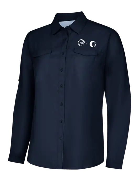 Womens Navy Long Sleeve UV Daybreak Shirt w/365 Cantaloupe Logo