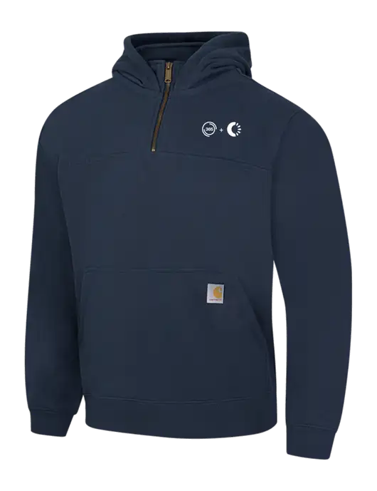 Carhartt Navy Rain Defender Paxton Heavyweight Hooded 1/4 Zip Mock Sweatshirt w/365 Cantaloupe Logo