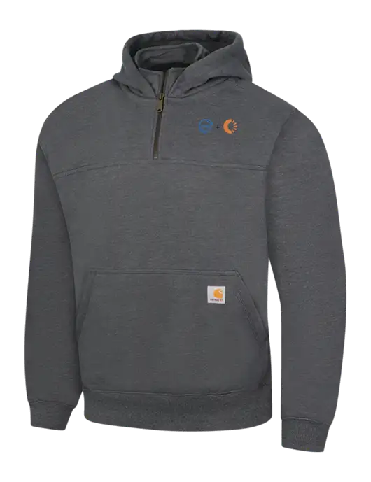 Carhartt Dark Grey Heather Rain Defender Paxton Heavyweight Hooded 1/4 Zip Mock Sweatshirt w/365 Cantaloupe Logo