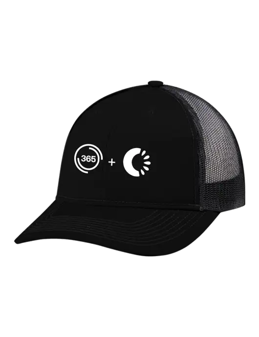 Snapback Ponytail Trucker Cap Black w/Black Mesh w/365 Cantaloupe Logo