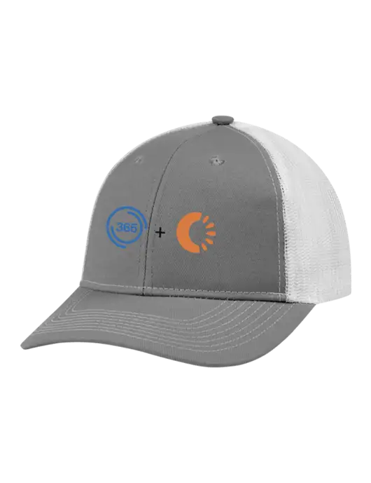 Snapback Ponytail Trucker Cap Light Medium Heather Grey w/White Mesh w/365 Cantaloupe Logo