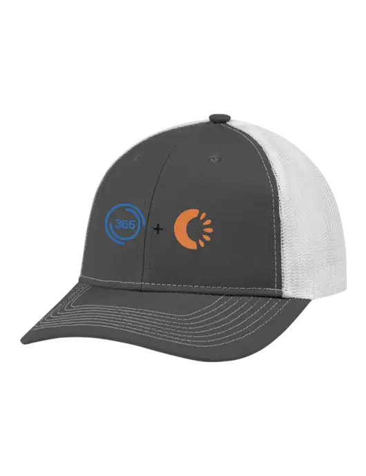Snapback Ponytail Trucker Cap Dark Grey w/White Mesh w/365 Cantaloupe Logo