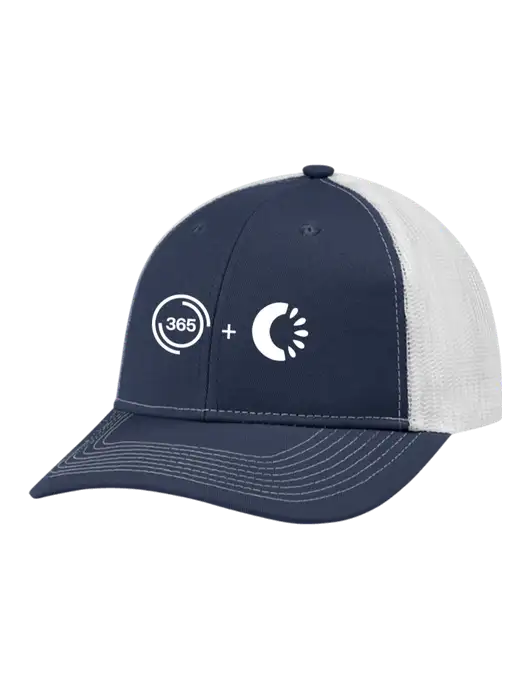 Snapback Ponytail Trucker Cap Navy w/White Mesh w/365 Cantaloupe Logo