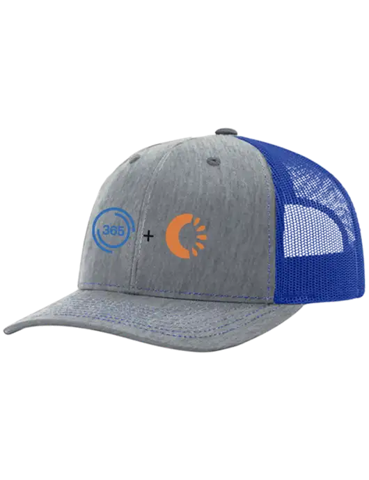 Richardson Adjustable Snapback Original 112 Trucker Cap Heather Light Grey w/Royal Mesh w/365 Cantaloupe Logo